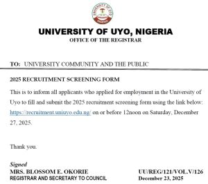 UNIUYO Recruitment screening Form 2025/2026